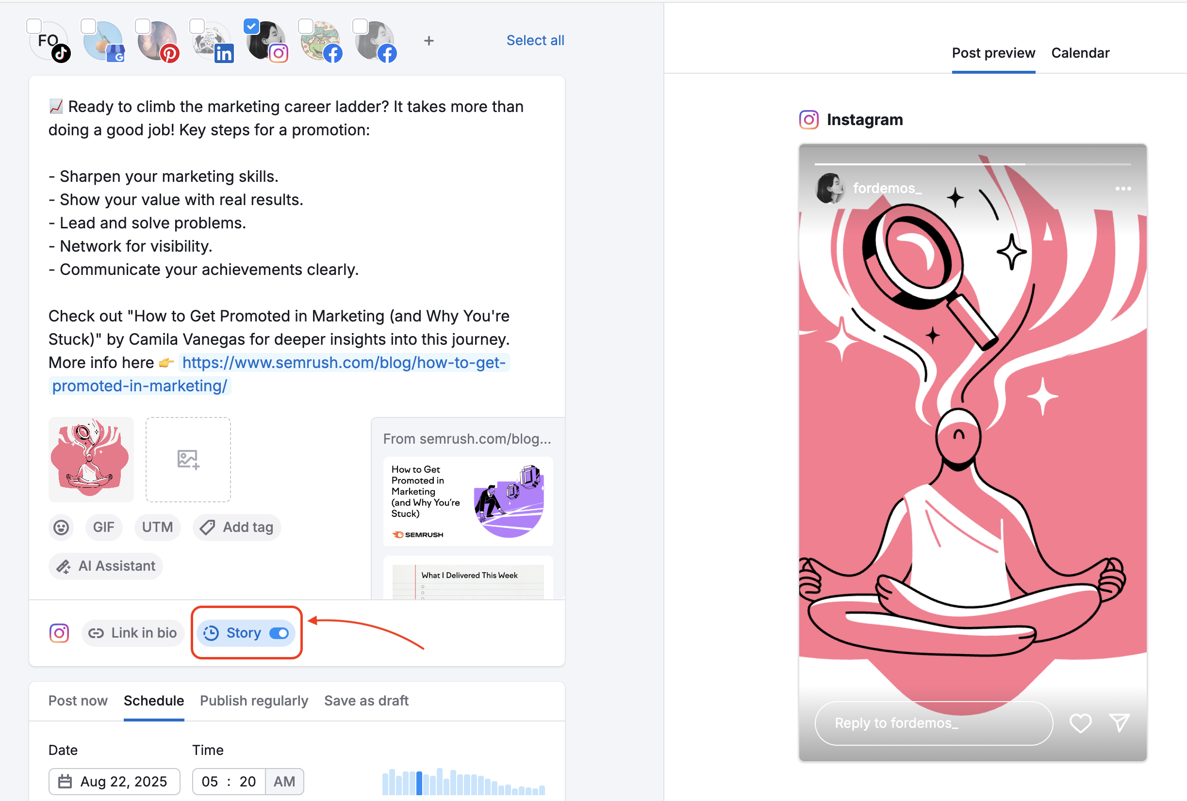 A Story switcher is highlighted at the bottom of the Post editor.