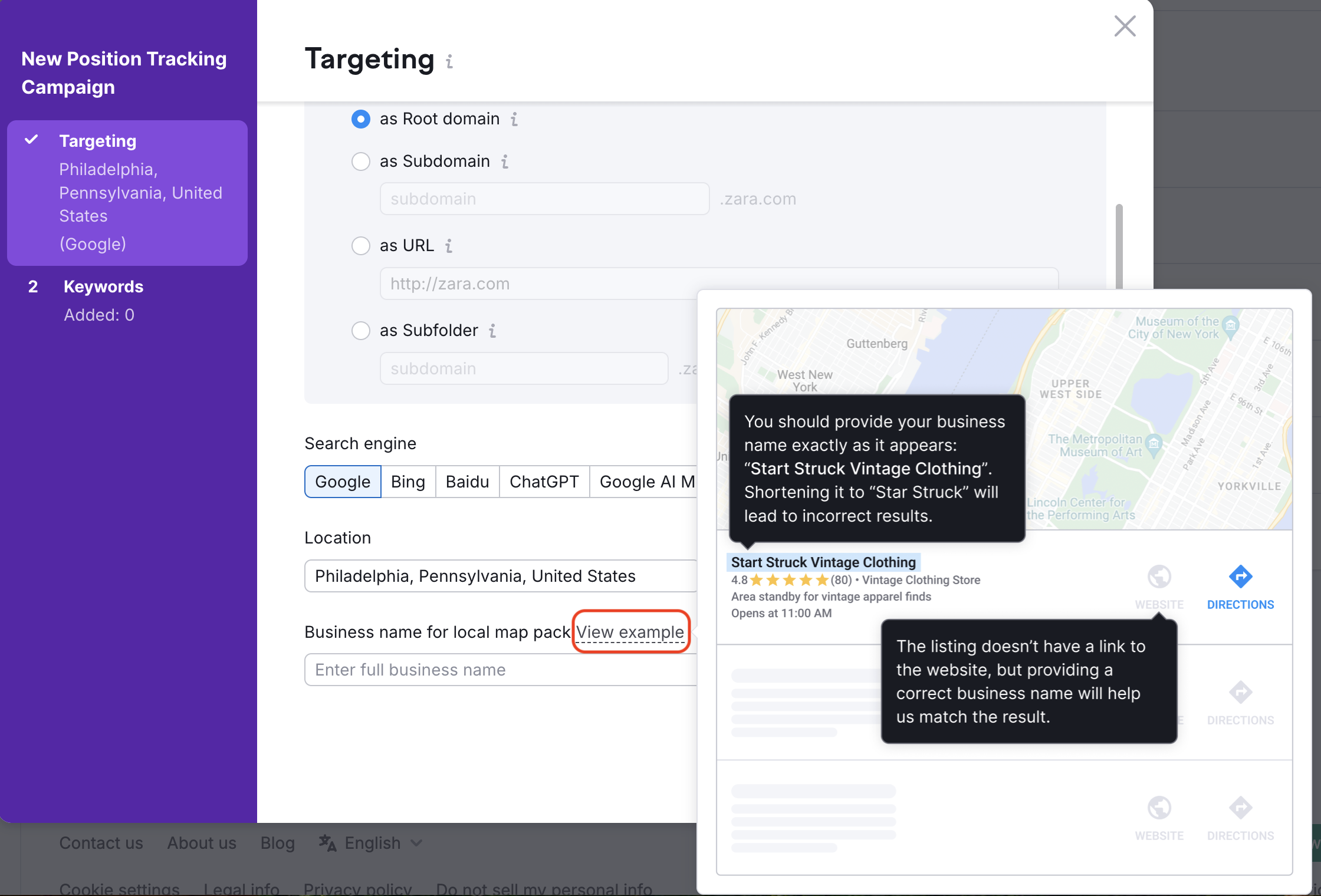 Position Tracking configuration window – Targeting. An example how to add your Business name – if you click the View example button, a pop-up with the local pack will appear.