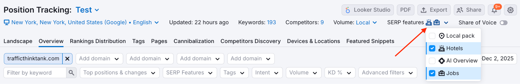 SERP features menu in Position Tracking showing options to enable tracking for Local Pack, Hotels, AI Overview, and Jobs.